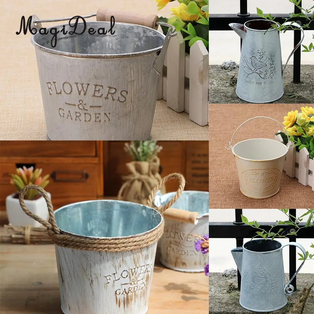 2 Pcs Metal Vintage Watering Can Plants Herb Flower Buckets Pot Garden Decor 2 Pcs Metal Vintage Watering Can Plants Herb Flower Buckets Pot Garden Decor