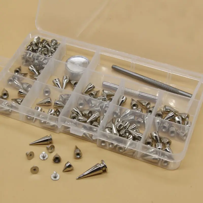 

100pcs/set 9.5mm Silver Cone Studs and Spikes Screwback DIY Craft Cool Punk Garment Rivets for Clothes/Bag/Shoes/Leather