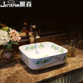 

Jingdezhen Jing Yan square platform basin ceramic washbasin pastoral small size table wash basin basin