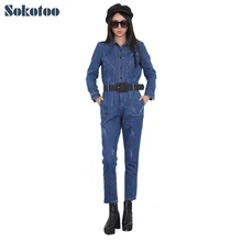 Sokotoo женские модные джинсовые комбинезоны с длинным рукавом, женские рваные джинсовые комбинезоны с высокой талией и поясом