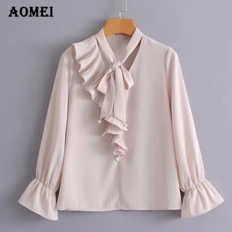 Women Shirts with Bowtie Ruffle Chiffon Blouse Full Sleeve Lolita Girl Fashion New Spring Summer Tops Blusa Preppy Style |
