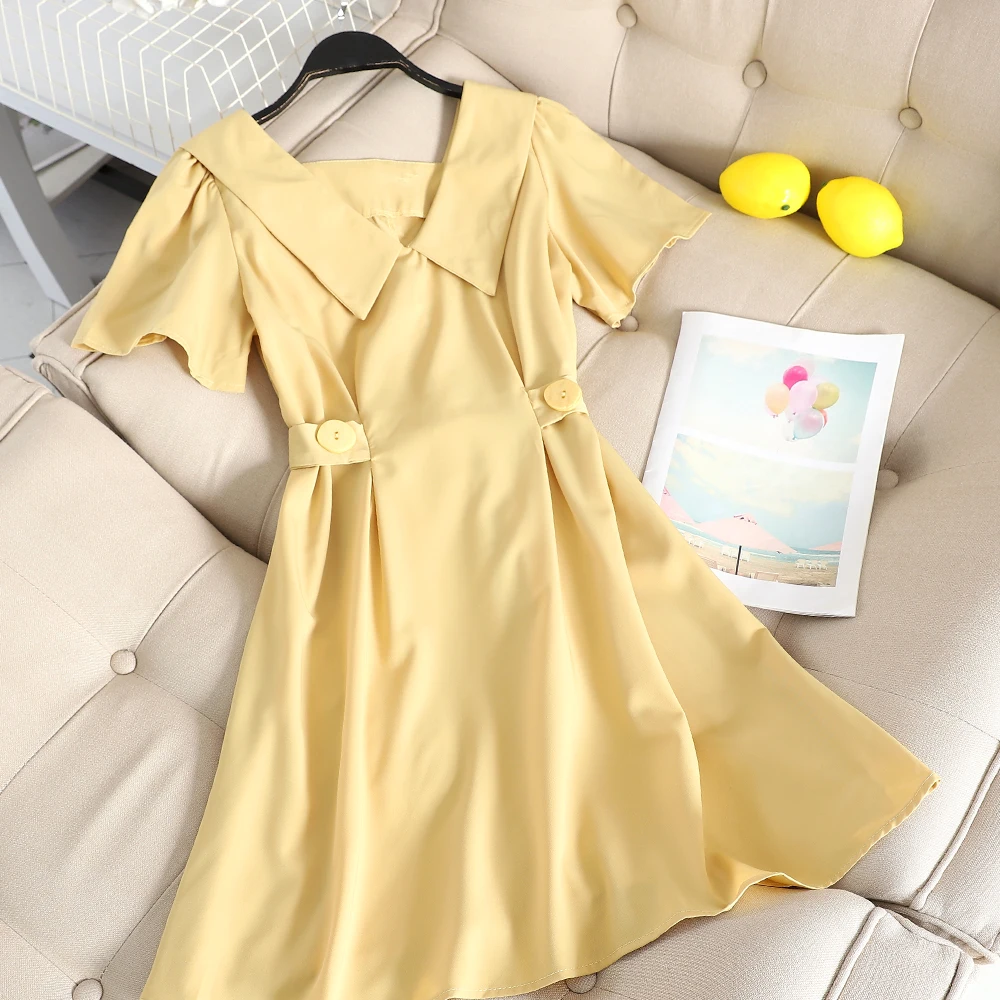 

SKOONHEID Women Summer Solid Midi Short Sleeves Dress Casual Stylish Female Dress A-Line Fashion Elegant Korean Vestidos
