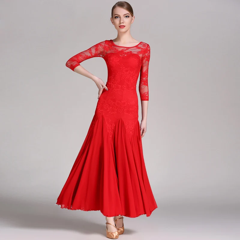 

Ballroom Dresses Women High Quality 3 Color Lace Flamenco Dancing Costume Adult Waltz Ballroom Competition Dance Dress
