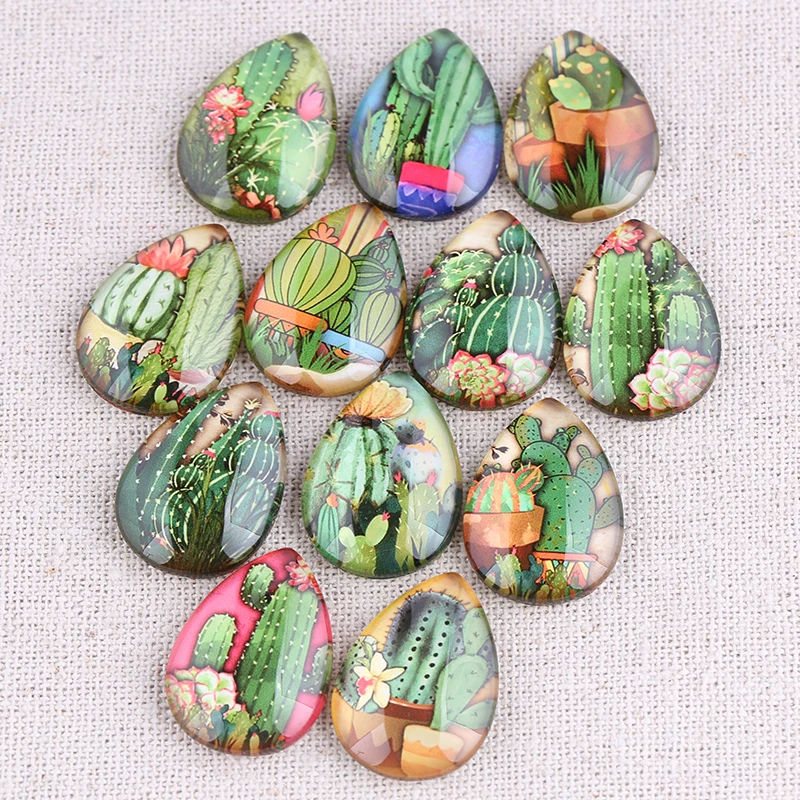 

reidgaller 20pcs mixed cactus photo teardrop glass cabochon 18x25mm diy flat back handmade jewelry findings