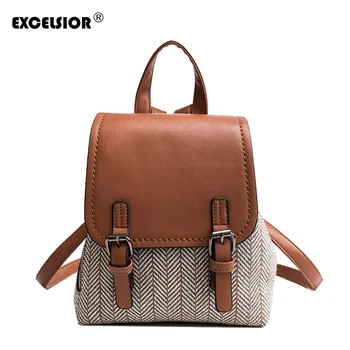 

EXCELSIOR Vintage Canvas Backpack Women Quality PU Leather Cover Fashion Backpacks New Arrival Hot School Bags for Teenagers