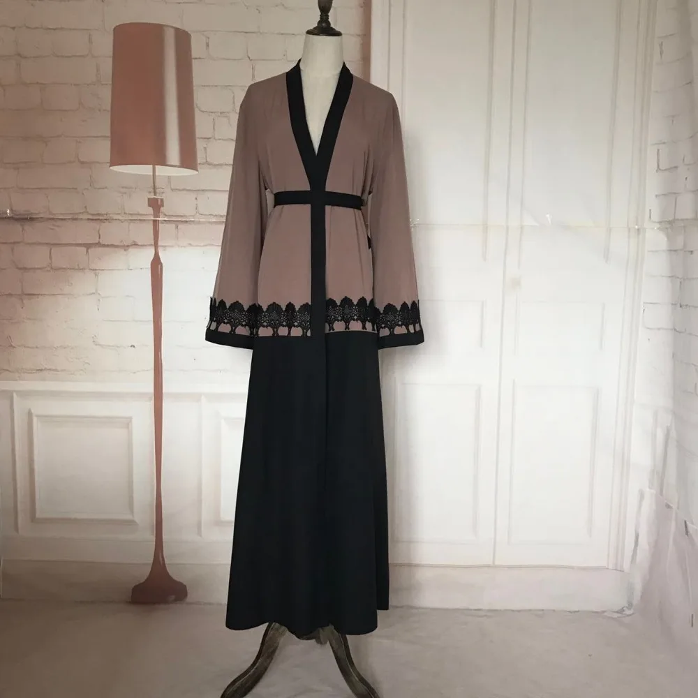 Однобортное платье с кружевной оборкой строчкой кардиган в стиле абайя