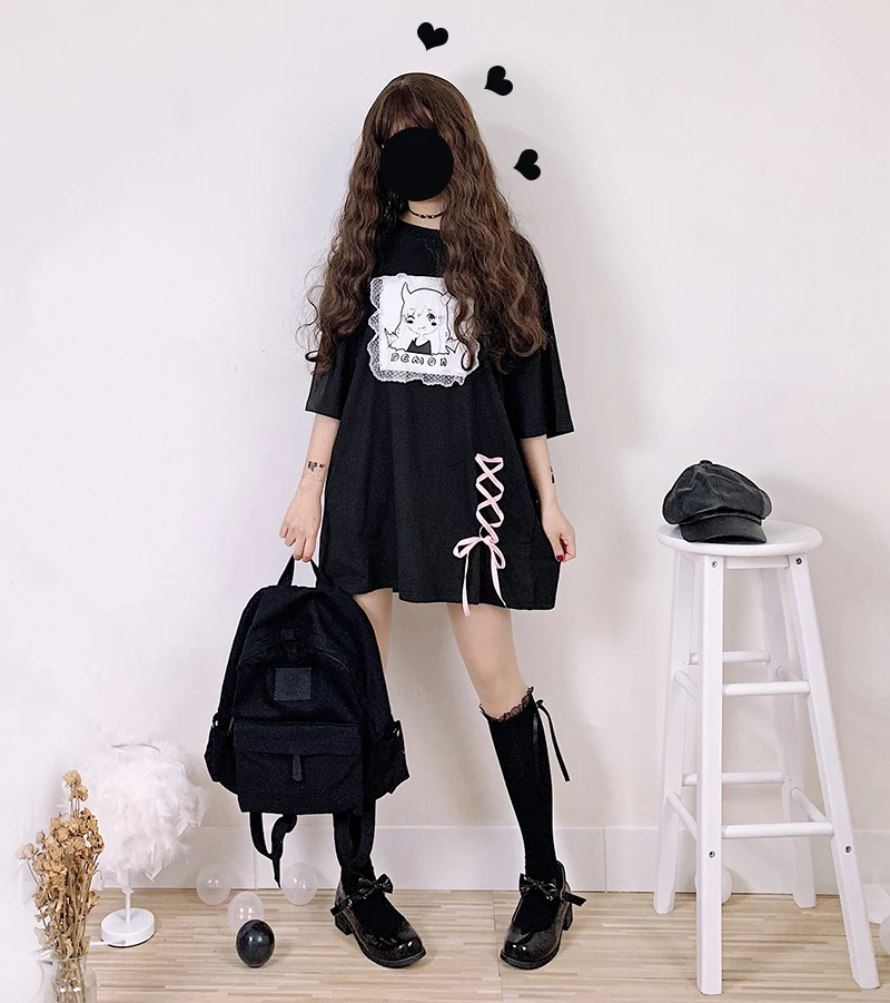 Японское милое чёрное женское платье с принтом дьявола, готическое платье Харадзюку, футболка с оборками, мягкое короткое платье на шнуровке в стиле Лолиты