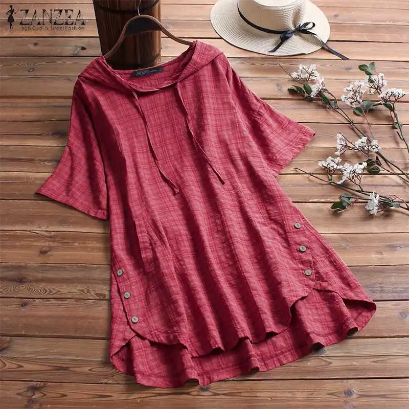 

Plus Size Asymmetrical Top Women's Check Blouse ZANZEA 2019 Summer Hooded Tunic Casual Blusas Female Short Sleeve Tee Shirts 5XL
