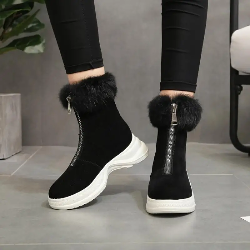 

Rabbit Fur Snow Boots Women Winter Shoes Wedge Platform Boots Fashion Front Zipper Snowboots Height Increasing Warm Plush Shoes