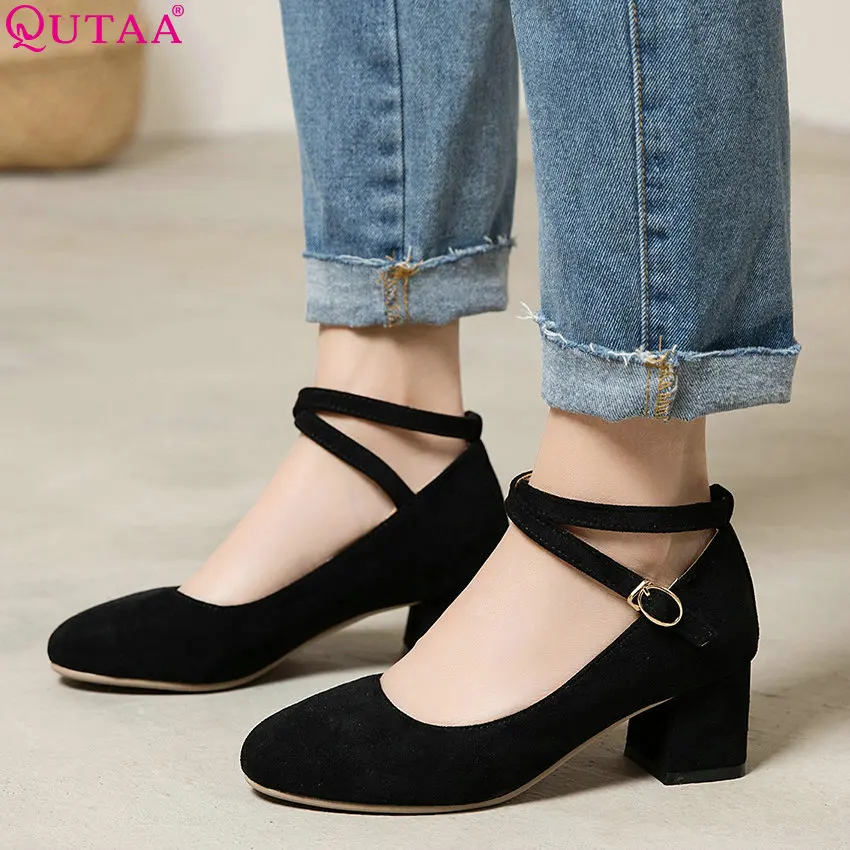 

QUTAA 2019 Women Shoes Platform All Match Square Heel Flock All Match Spring/ Autumn Round Toe Buckle Ladies Pumps Size 34-43