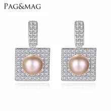 PAG & MAG Brand New 8-9mm Pérola Natural Com 925 Brincos de Prata Esterlina Jóias Acessórios de Presente de Aniversário Brincos do parafuso prisioneiro para As Mulheres