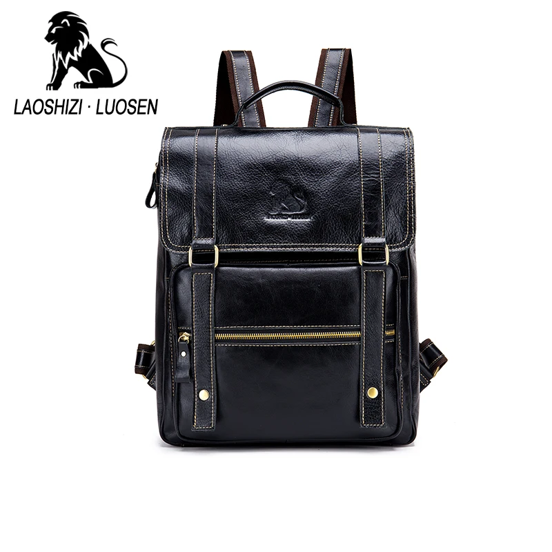 

LAOSHIZI LUOSEN Colleage Style Vintage Genuime Leather Men's Backpack Large capacity Travel Bag 91404
