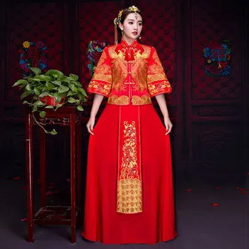 

vintage Chinese style formal dress royal phoenix wedding cheongsam costume red bride traditional Tang suit Embroidery Qipao New