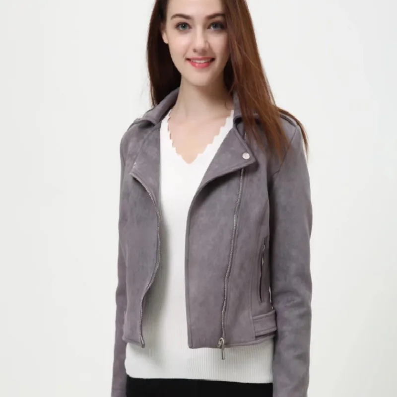 S-XL, тонкая короткая модная кожаная куртка, куртки из оленьей кожи, женское замшевое одноцветное пальто из искусственной кожи