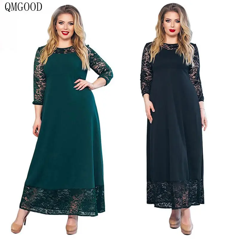 QMGOOD Women Sexy Christmas Dress Elegant Black Lace A-line Dress Vestidos Dresses Woman Party Night Women Plus Size Maxi Dress