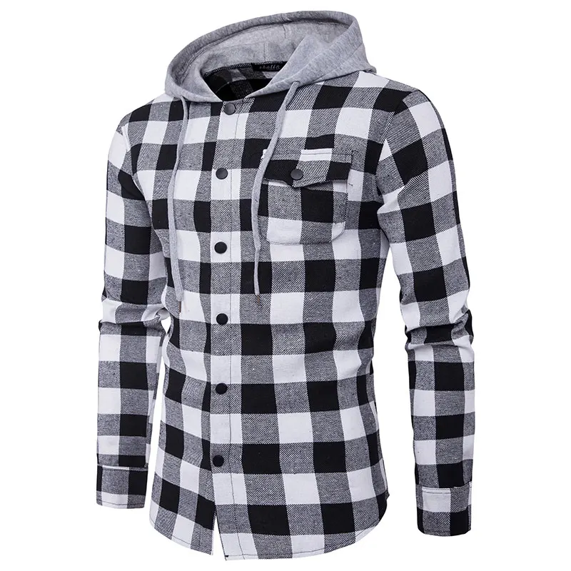 Red Black Plaid Hooded Shirt Men Long Sleeve Slim Fit Casual Checkered Hoodies  Shirts Mens Pocket Button Front Chemise Homme 2XL - AliExpress