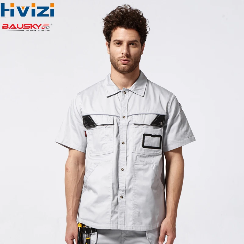 

Men's Workwear Shirt Multi Pockets Short sleeved Work Clothes Uniforms Male Mechanic Construction Overalls Safety Shirt