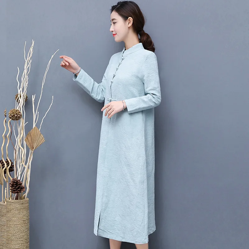

Chinese wind round neck long sleeve Retro dress jacquard cotton and linen qipao dress white Cotton and linen dress aliexpress uk