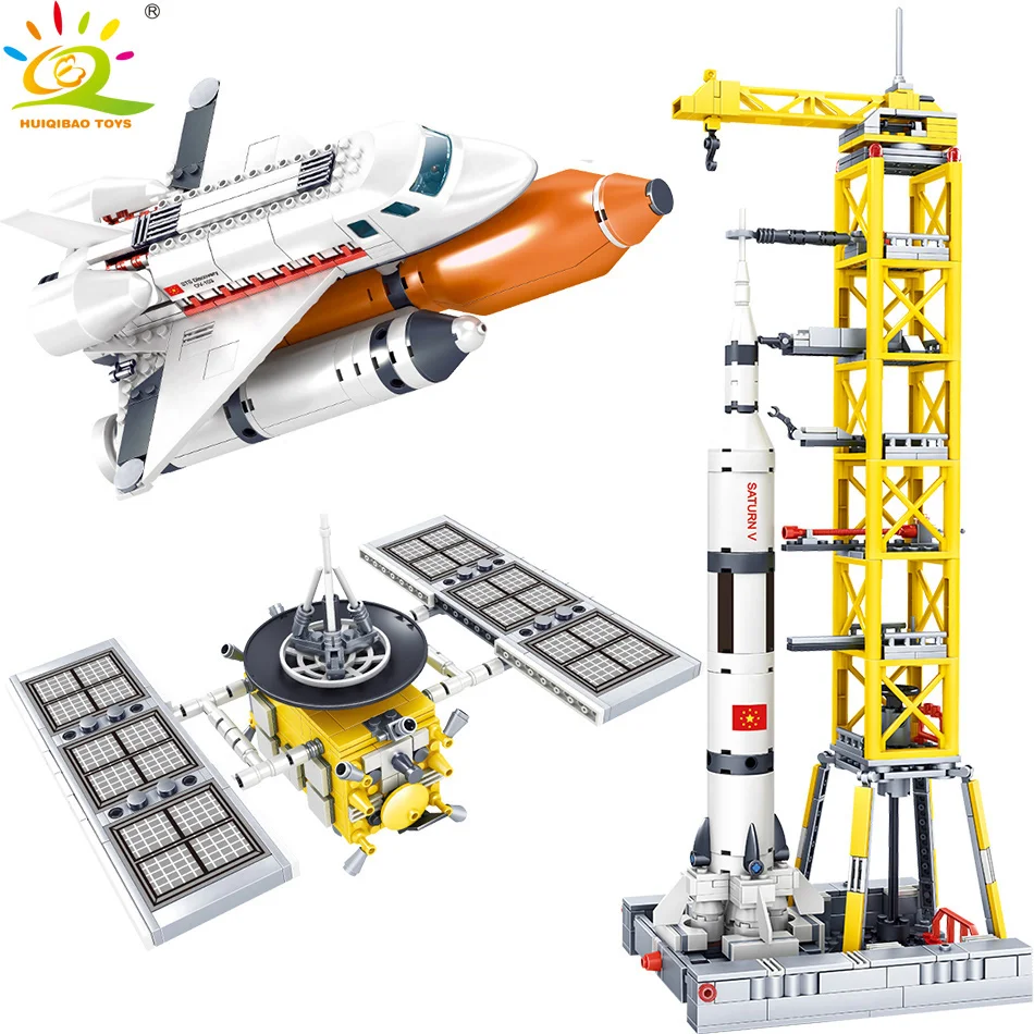 Preise HUIQIBAO Raum station Saturn V Rakete Bausteine Für Kinder Legoingly Stadt Shuttle satellite Astronaut figur Ziegel Spielzeug