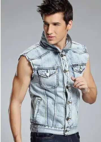European Style Summer Spring Fashion Mens Cool Ripped Patch Designer Sleeveless Denim Vest Coat 