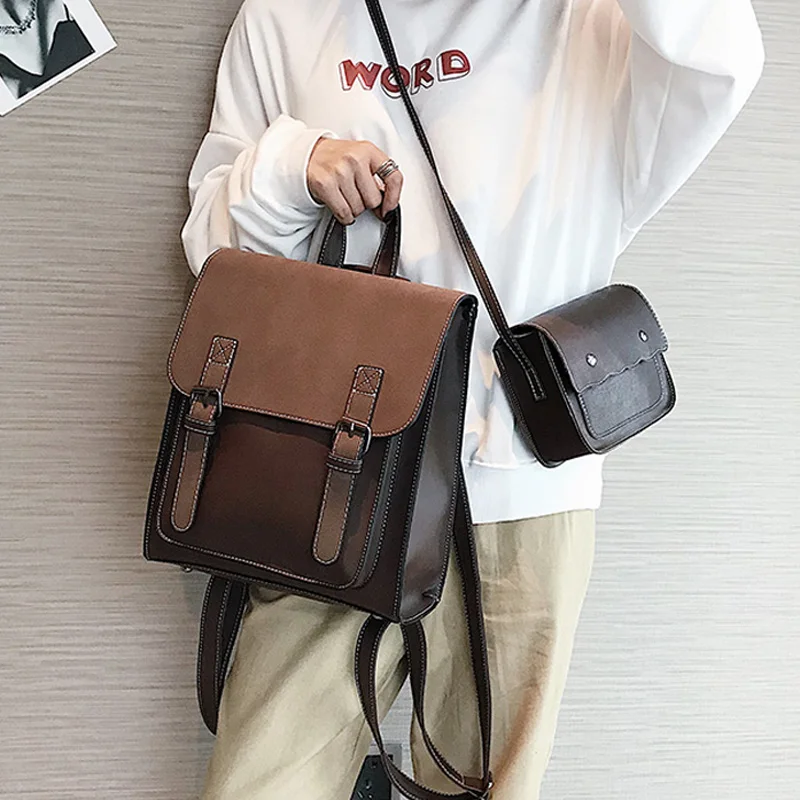 Goedkoop Mode 2 Stks set Leer Vrouwen Rugzakken Voor Tieners Vrouwelijke Rugzak Grote Capaciteit Pu Tassen Reizen Vintage Schooltas