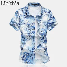 Для мужчин синий цветочный принт Slim Fit платье рубашки больших размеров M-7XL мягкая ткань Однобортный летняя хлопковая тонкая рубашка Повседневное Одежда Мужской G4