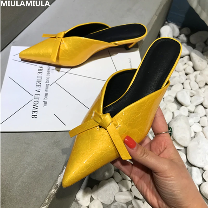 

MIULAMIULA Brand Designers 2019 Summer Elegant Med Kitten Heels Woman Leather Shoes Lady Pumps Slip On Loafers Mules Flip Flops