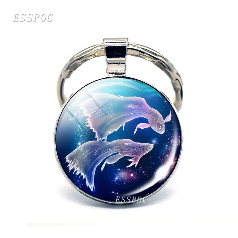 12 Constellation Keychain Zodiac Signs Glass Pendant Scorpio Sagittarius Capricorn Aquarius Alloy Keyring Jewelry Birthday Gifts - Цвет: Pisces