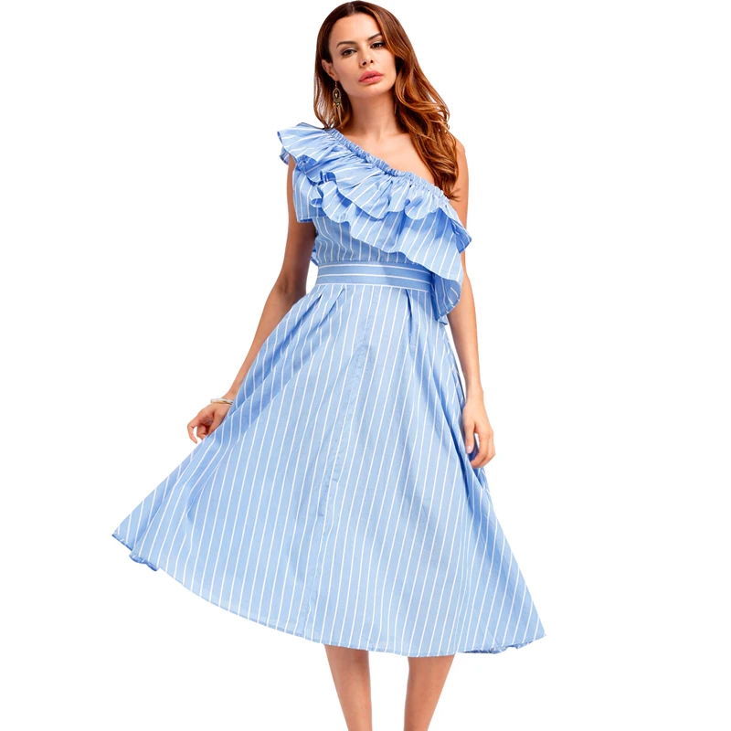 High Quality Girls Summer Dress 2018 Fashion Women Blue Striped One