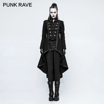 

PUNK RAVE Gothic Winter Uniform Asymmetric Buckle Worsted Military Women's Long Coat Halloween Christmas Wool Blends Coats