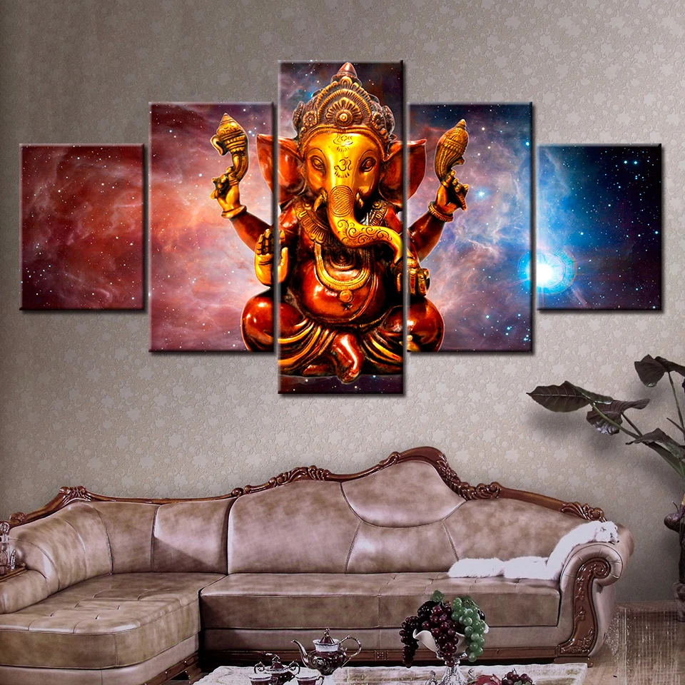

5 pieces Hindu God Ganesha with Cosmic planet canvas pictures HD printed wall Art for living room decor posters drop shipping