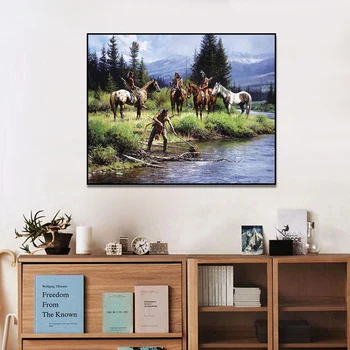

Canvas Print Oil Painting Indians And A River Artwork Picture Print Wall Picture For Living Room Wall Art Decoration