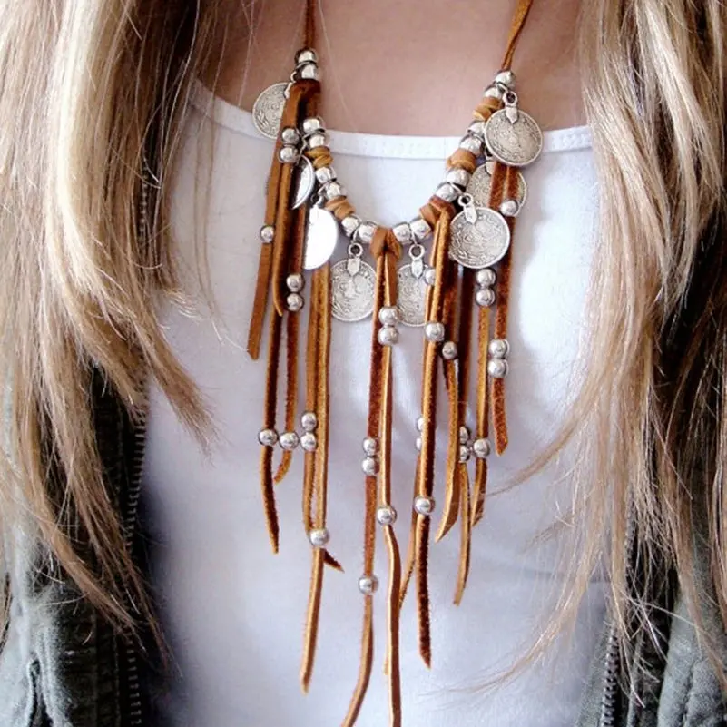 Imixlot New Design Vintage Maxi Necklace Brown Leather Long Tassel Coin