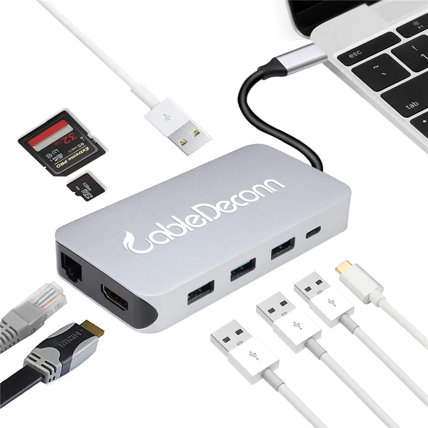 

USB 3.1 Type C to HDMI VGA Gigabit Ethernet RJ45 DC TF SD Card Slot Adapter for Samsung Macbook pro Thunderbolt 3 Dock USB C HUB