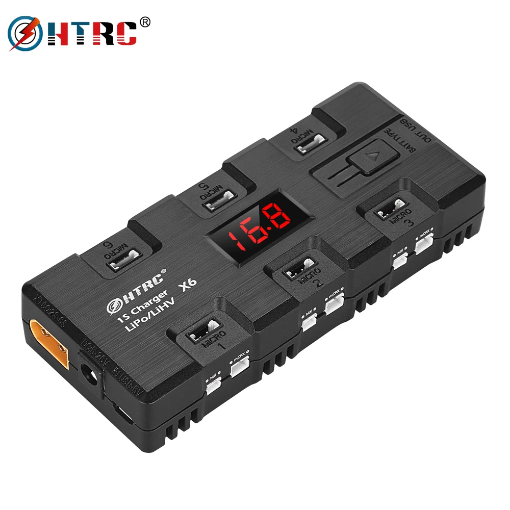 

HTRC 5V 1S Lipo LiHv Battery Charger Multi-functional 6 Charging Channels With Micro MX MCPX JST USB Port LED Display RC Charger