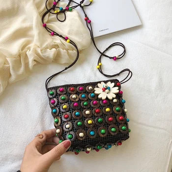 

ABDB-National Wind Female Handmade Flower Coconut Shell New Strange Woven Bag Pure Coconut Shell Beading Messenger Bag