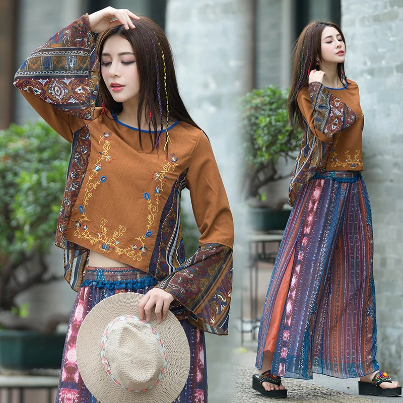 

Ethnic Flower Embroidered O-neck Flare Sleeve women shirts korean fashion clothing womens tops and blouses
