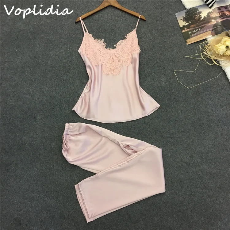 Image Pyjamas women Pajamas Set Top with Long Pant Faux Silk Lace Bow V neck Sleepwear Lace Lingerie Sleeveless Women Lingerie VOP005