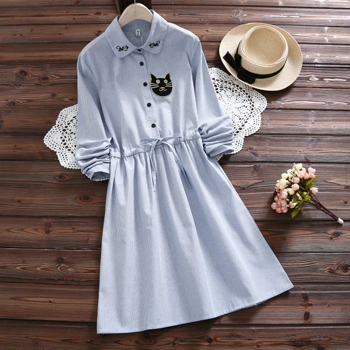 MSSNNG 2018 Spring Autumn Women Cat embroidery Dress Casual Trun-down Neck Long Sleeve Elastic Waist Dresses Dropshipping (5)