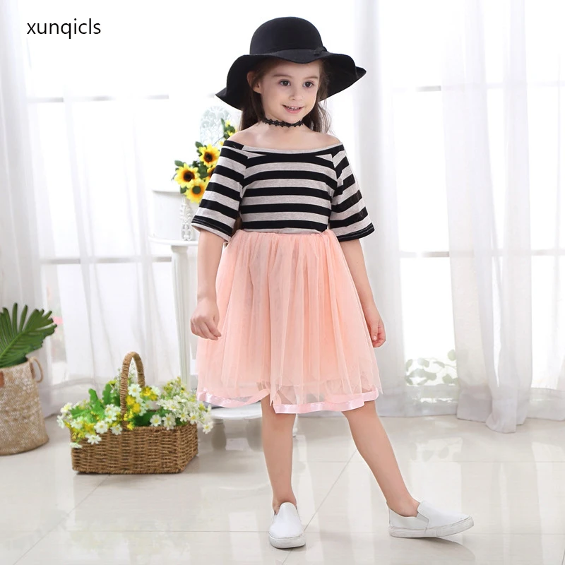 

2019 New Summer Dresses for Girls Striped Short Sleeve Mesh Dress Kids Princess Party Dresses Children Girl Clothes