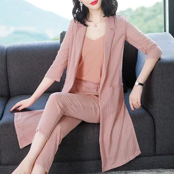 

Women Set Spring New Fashion Striped 3/4 sleeve Long Cardigan Coat + Ankle-Length Pant + Straps Tank Top three-piece suit