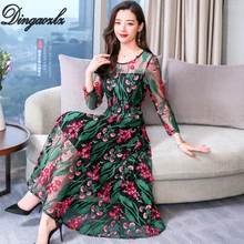 Dingaozlz Elegant Mesh Long Dress New Autumn Summer Long sleeve Women dress Plus size Vestidos Slim short Embroidered Lace dress plus embroidered mesh insert pleated sleeve bardot dress