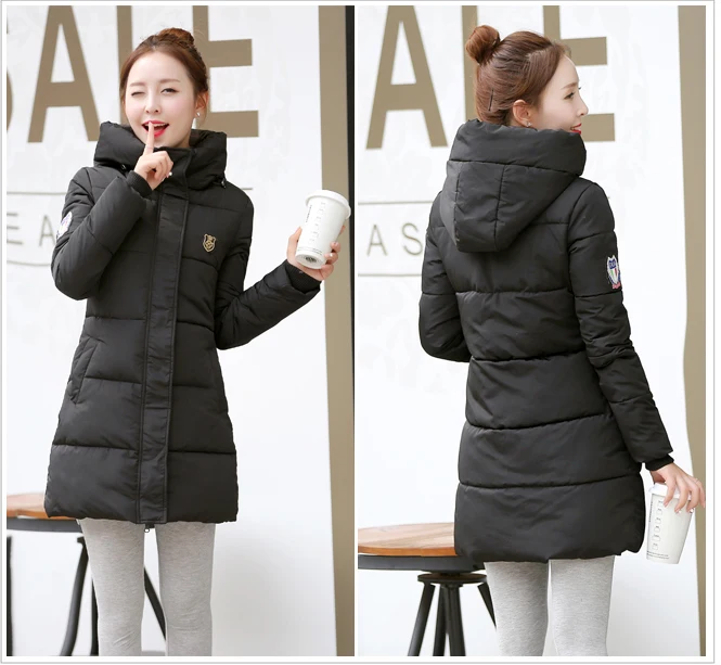 

Howdysexy 2016 New Arrival Winter New Badge Slim Thin Long Sections Black Warm Down Cotton Parka Women Jackets Hooded Down