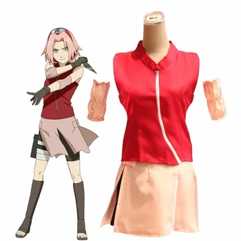 

Anime Naruto Haruno Sakura Cosplay Costume Sakura 2nd Generation Full Set Red Uniform Women Halloween Suit Wigs