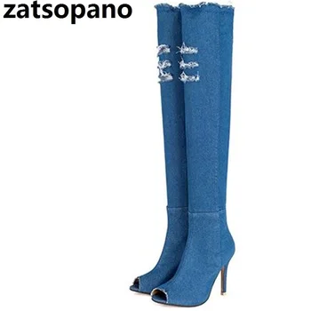 

Zat 2019 New Denim Sandals Women Sandals High Cowboy Sexy Hole Over-the-Knee Gladiator Sandals Boot Shoes 5 Colors Size 35-41