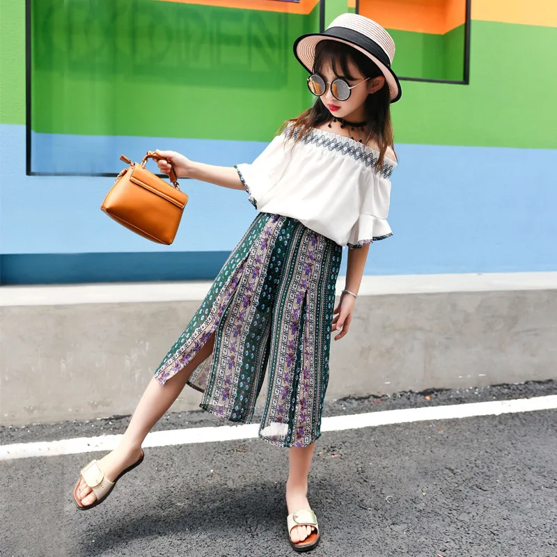 girls clothes age 10 moda verano 2018 clothing sets blouse +chiffon trousers 2 pieces in