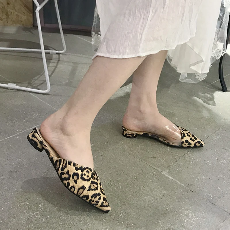 

PVC patchwork Mules Woman low heels Slippers Leopard pointed toe shoes slides Sexy loafers slip on sandalias mujer black apricot