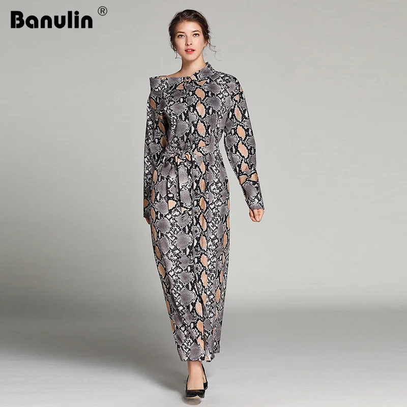

Banulin Runway Spring Leopard Vintage Print Maxi Dress Women's Elegant Belt Long Sleeve Party Dress Vestidos De Fiesta 2019