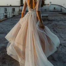 Vestido de Noiva/, винтажное кружевное свадебное платье трапециевидной формы цвета шампанского, эффектное с открытой спинкой и аппликацией, полурукав, бохо, свадебное платье