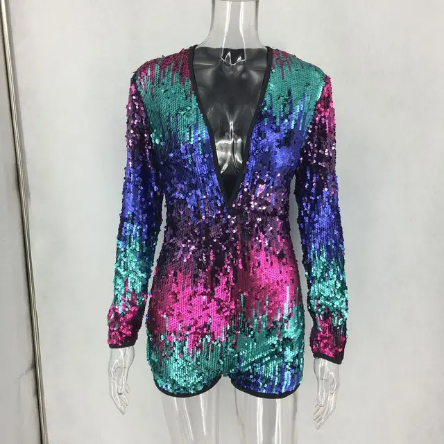 rainbow sequin glitter long sleeve rompers womens jumpsuit bodysuit body feminino combinaison